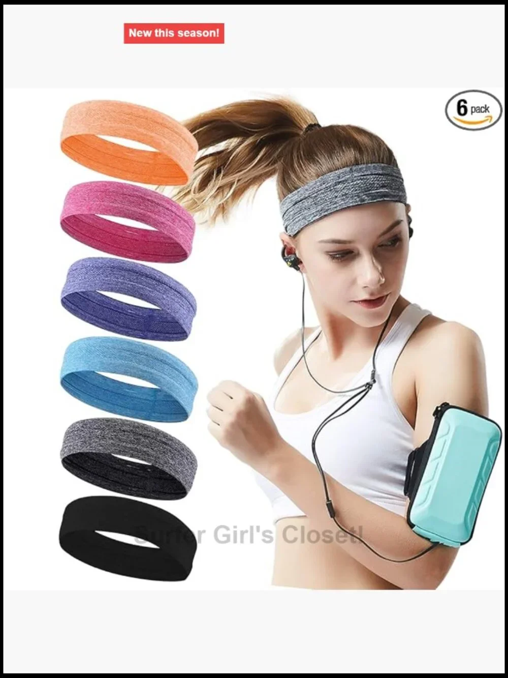 6-Pack Non Slip Sport Headbands for Women - Moisture Wicking Sweatbands for